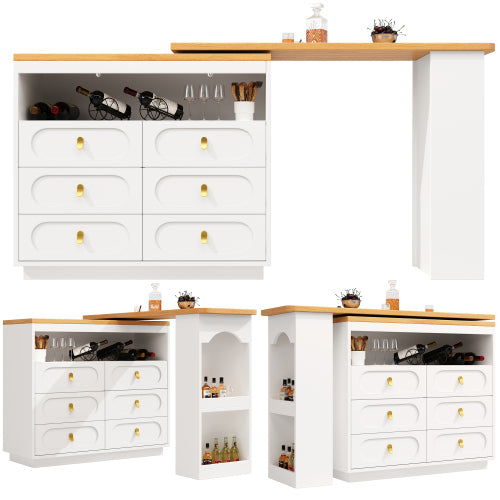 360 Rotating Bar Table Main Body 137 X 39 X 90 Cm, Coffee Bar Furniture, Rotating Dining Bar With Storage, Kitchen Island, With Spice Rack, Six Drawers, Open Storage Space, White