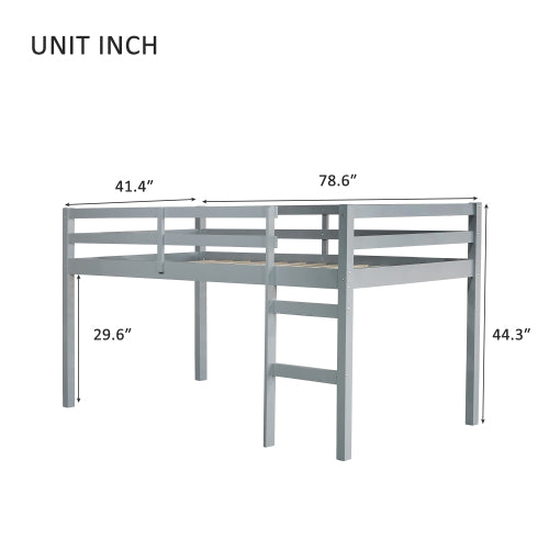 Solid Wooden, Rubber Wooden Twin Loft Bed With Ladder, Bed Platform Of Strengthened Slats , Grey