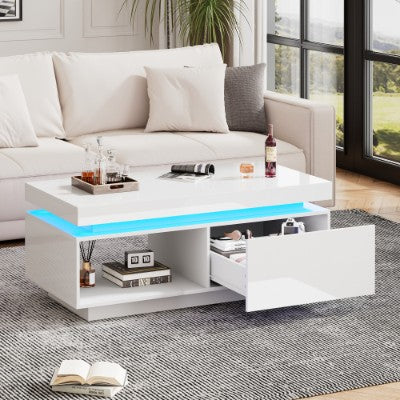 High Glossy LED Coffee Table With Drawer Storage, Wooden Centre Table With RGB Led Lights Rectangle Tea Table For Living Room Furniture, White Coffee Table With Open Display Shelf