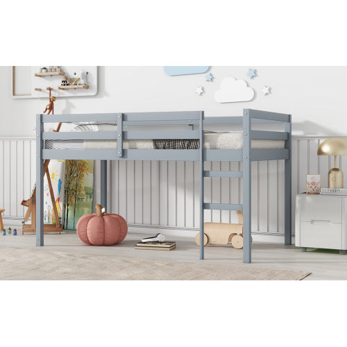 Solid Wooden, Rubber Wooden Twin Loft Bed With Ladder, Bed Platform Of Strengthened Slats , Grey