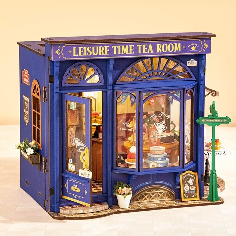 ROBOTIME DIY Miniature Dollhouse Kit - Tea Room With LED Lights And Furniture, Wooden Model Building Set For Adults And Kids, Creative Gift For Leisure Time