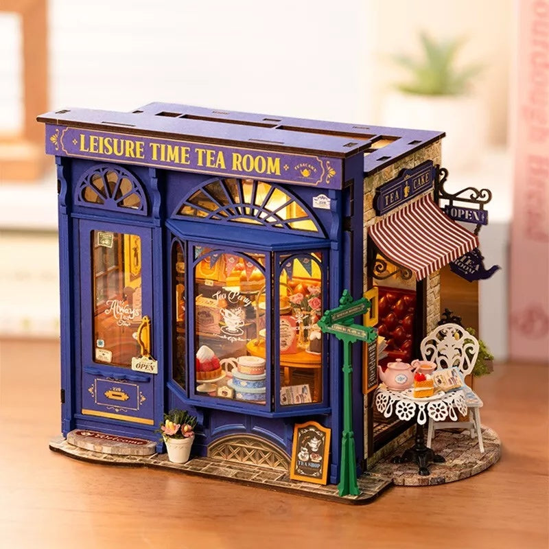 ROBOTIME DIY Miniature Dollhouse Kit - Tea Room With LED Lights And Furniture, Wooden Model Building Set For Adults And Kids, Creative Gift For Leisure Time