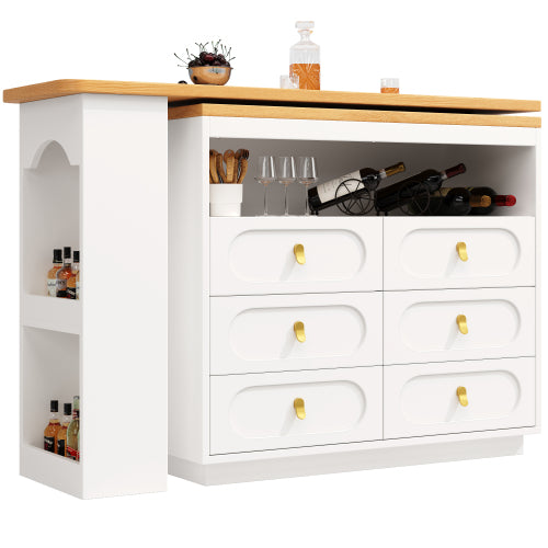 360 Rotating Bar Table Main Body 137 X 39 X 90 Cm, Coffee Bar Furniture, Rotating Dining Bar With Storage, Kitchen Island, With Spice Rack, Six Drawers, Open Storage Space, White