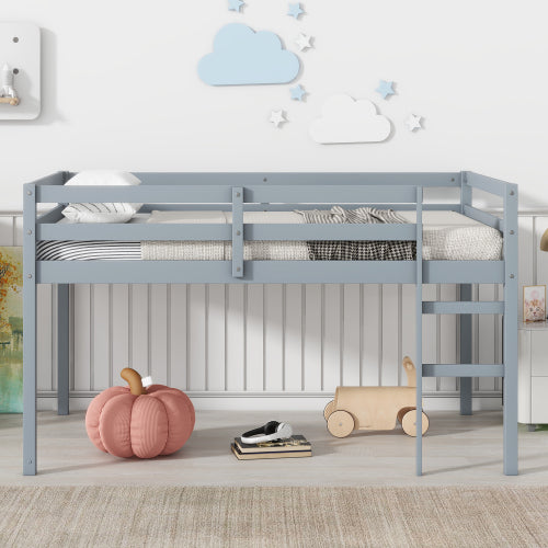 Solid Wooden, Rubber Wooden Twin Loft Bed With Ladder, Bed Platform Of Strengthened Slats , Grey