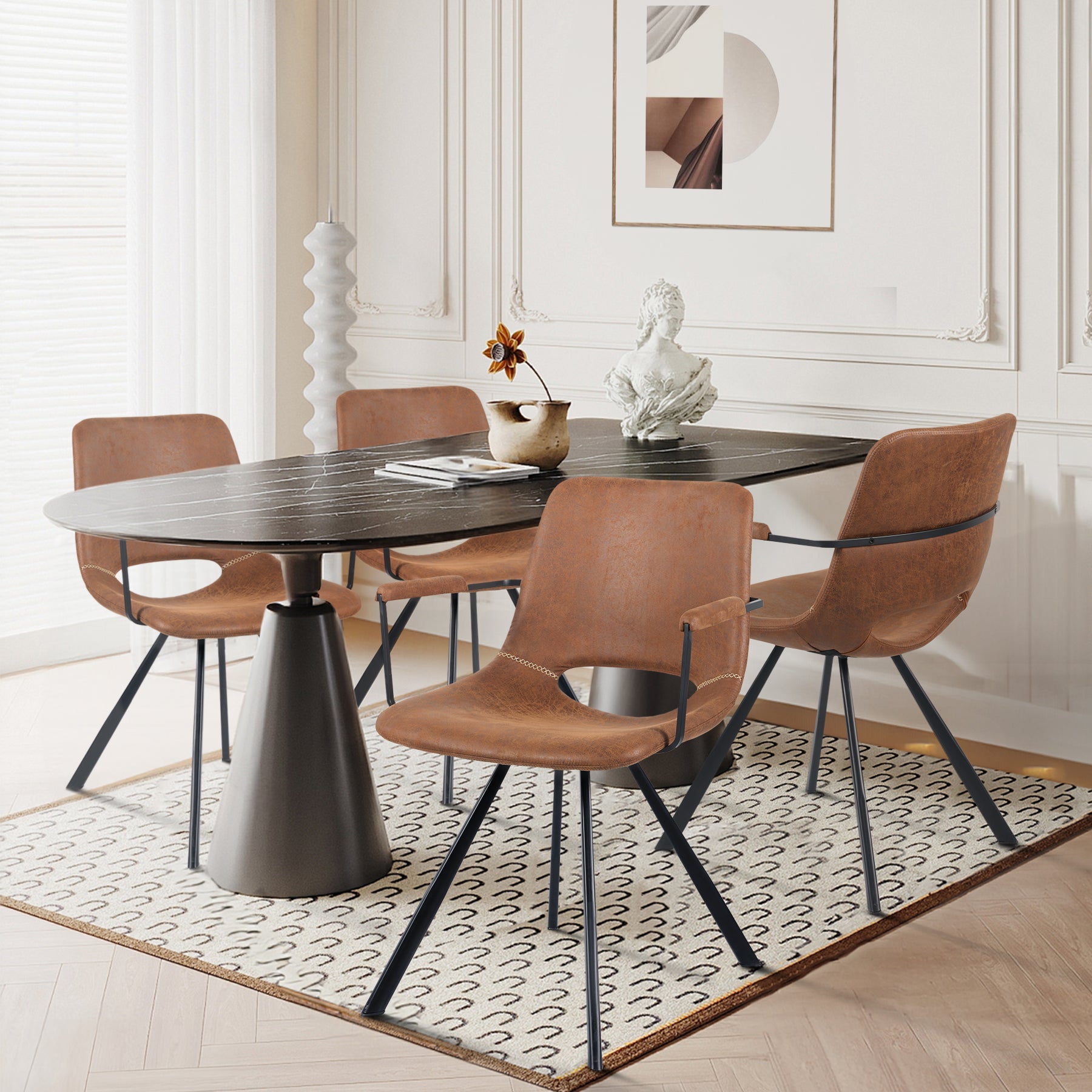 Leather Dining Chairs Set Of 2, Mid-Century Modern Dining Room Chair With Soft Cushions, Kitchen Chairs With Metal Legs For Kitchen, Living Room