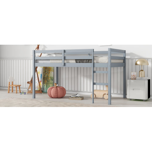 Solid Wooden, Rubber Wooden Twin Loft Bed With Ladder, Bed Platform Of Strengthened Slats , Grey