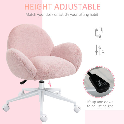 HOMCOM Makeup Vanity Chair, Cute Fluffy Desk Chair With Rolling Wheels For Bedroom Living Room