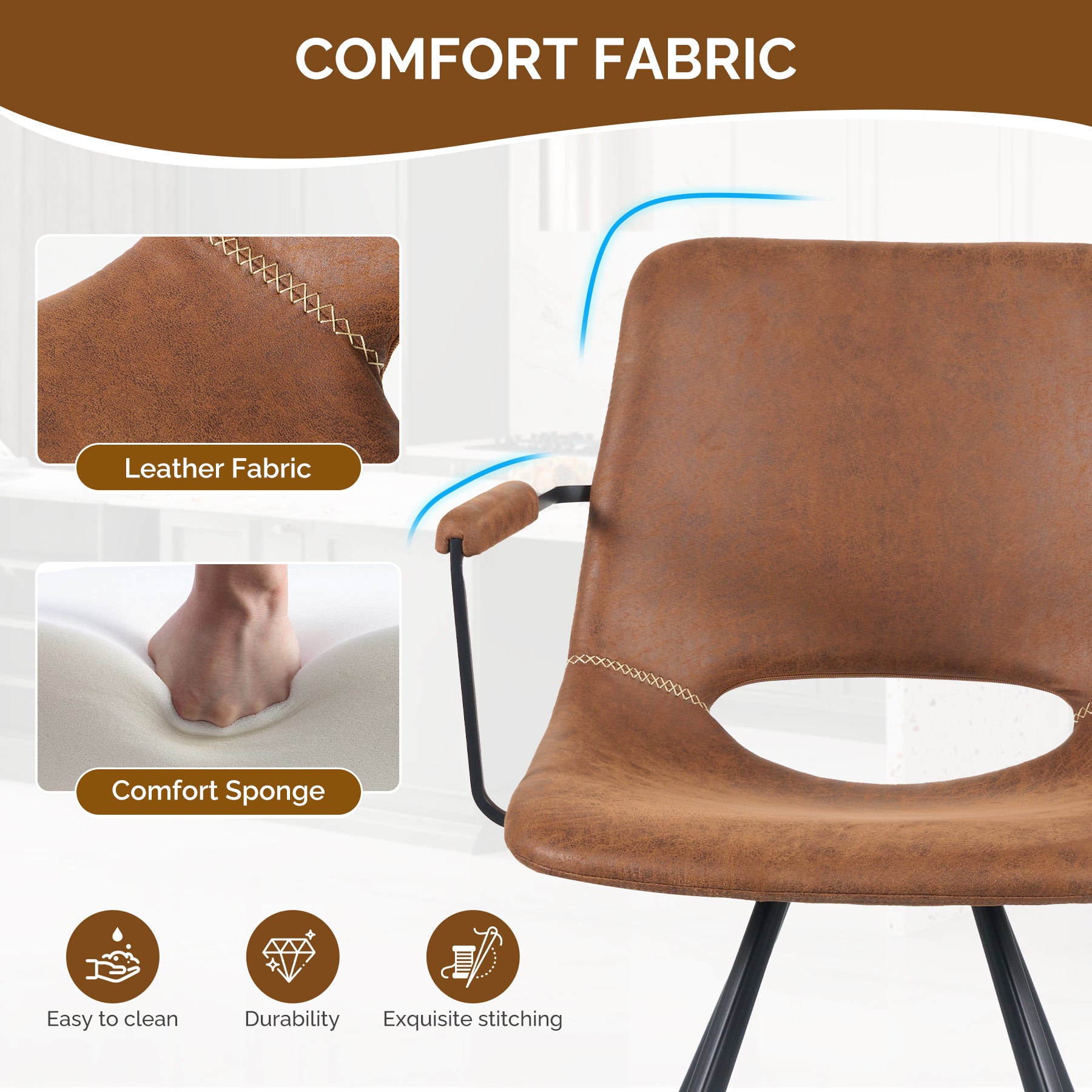 Leather Dining Chairs Set Of 2, Mid-Century Modern Dining Room Chair With Soft Cushions, Kitchen Chairs With Metal Legs For Kitchen, Living Room