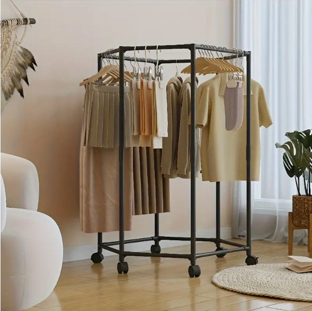 Space-Saving Hexagonal Clothes Drying Rack - Sturdy Metal Floor Standing Coat Rack With Multiple Rods, Suitable For Bedroom, Dormitory, And Balcony, Holds Multiple Garments, Dorm Room Furniture
