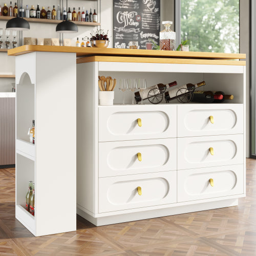 360 Rotating Bar Table Main Body 137 X 39 X 90 Cm, Coffee Bar Furniture, Rotating Dining Bar With Storage, Kitchen Island, With Spice Rack, Six Drawers, Open Storage Space, White