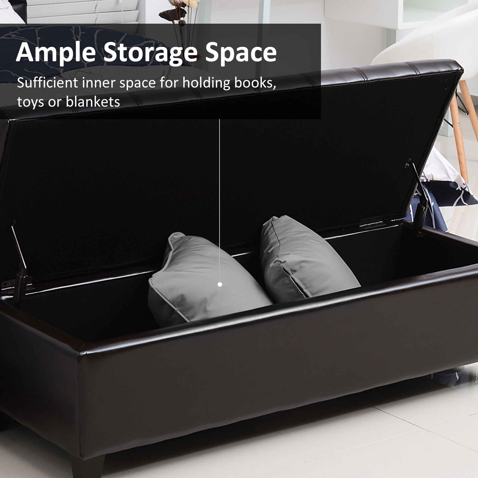 51 Tufted Storage Ottoman Bench, Dark Brown Faux Leather For Living Room, Bedroom, Entryway