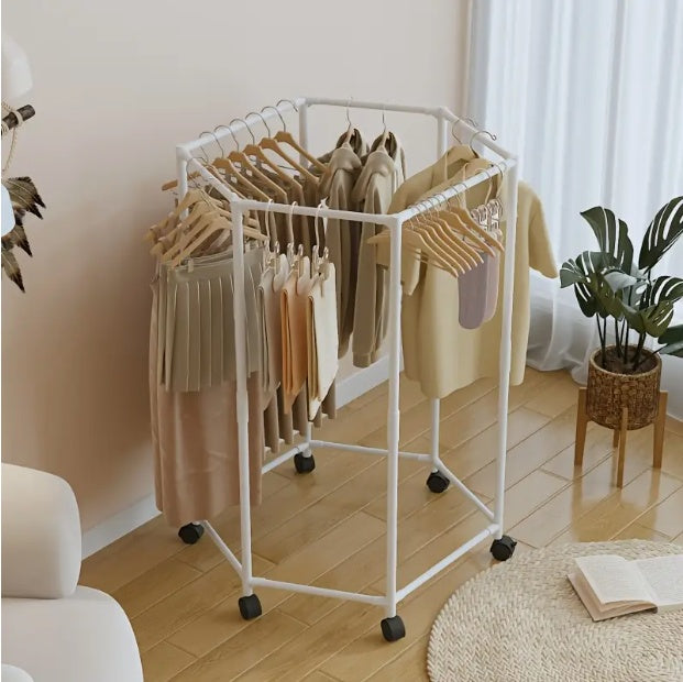 Space-Saving Hexagonal Clothes Drying Rack - Sturdy Metal Floor Standing Coat Rack With Multiple Rods, Suitable For Bedroom, Dormitory, And Balcony, Holds Multiple Garments, Dorm Room Furniture
