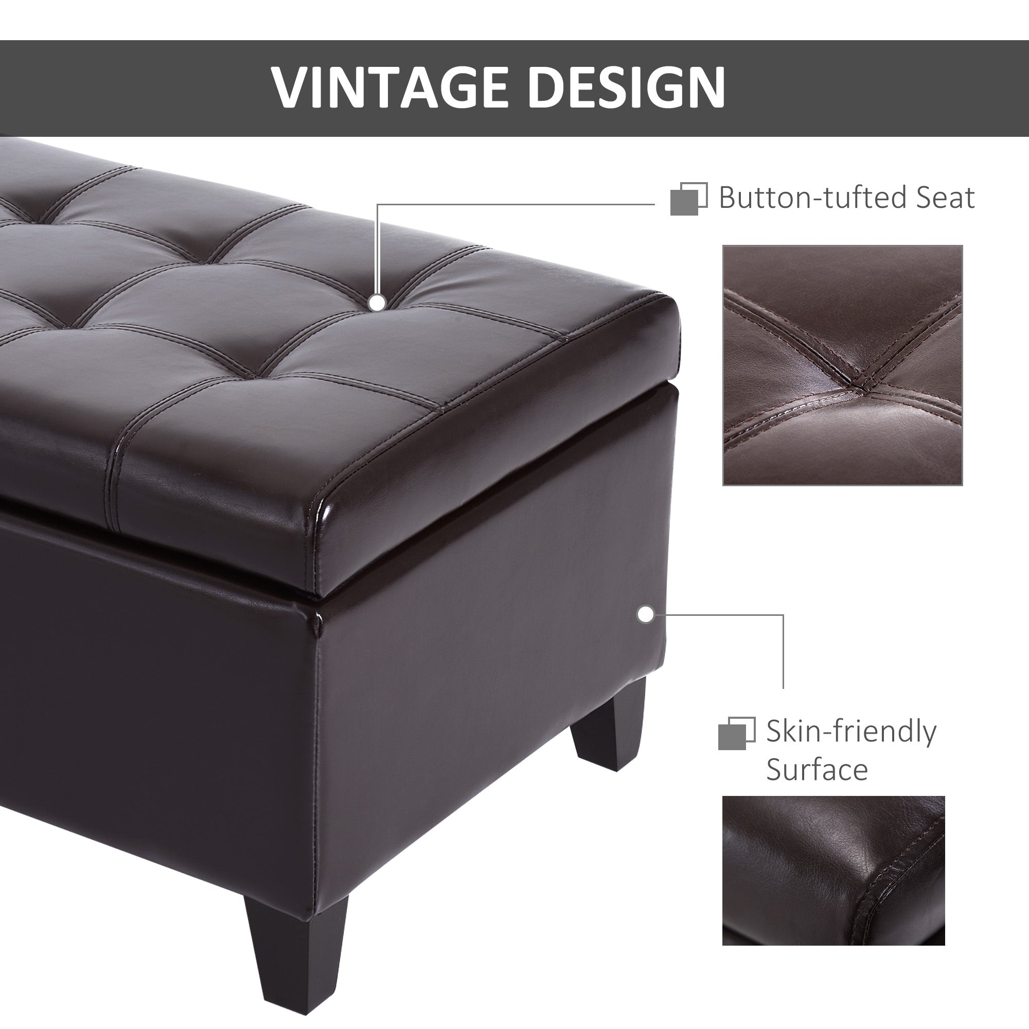 51 Tufted Storage Ottoman Bench, Dark Brown Faux Leather For Living Room, Bedroom, Entryway
