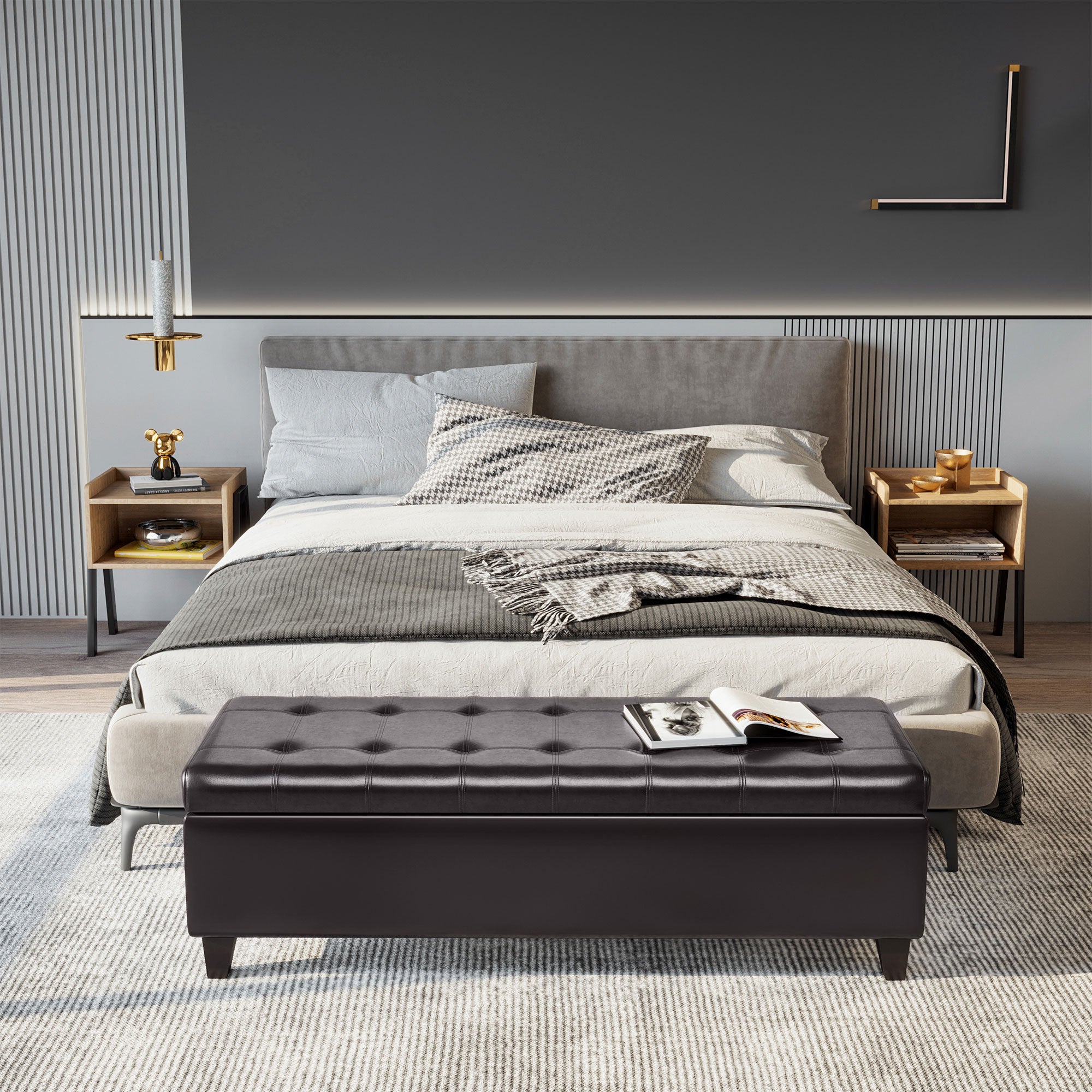 51 Tufted Storage Ottoman Bench, Dark Brown Faux Leather For Living Room, Bedroom, Entryway