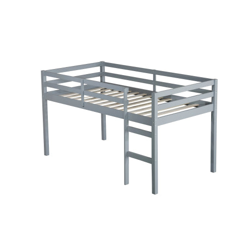Solid Wooden, Rubber Wooden Twin Loft Bed With Ladder, Bed Platform Of Strengthened Slats , Grey