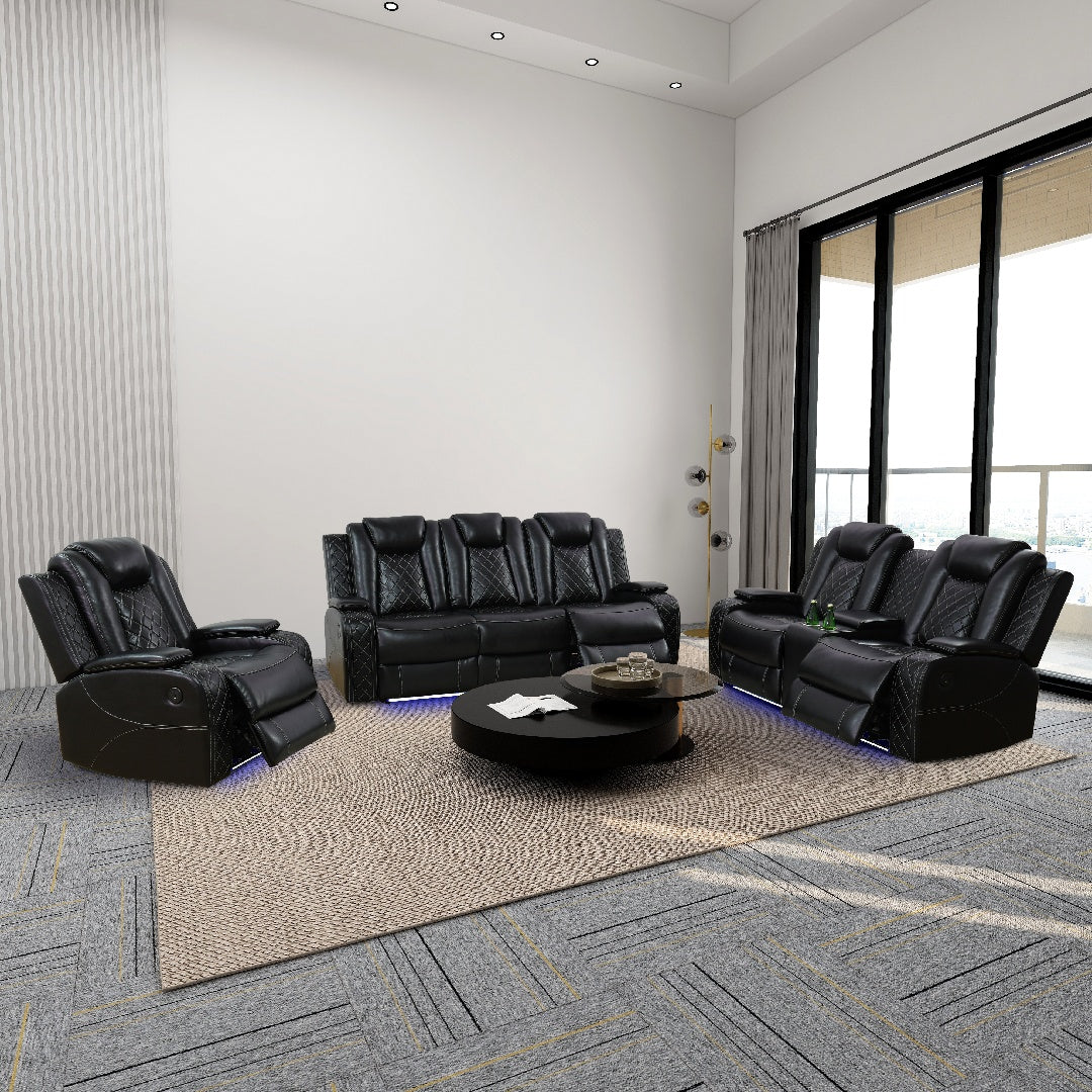Black Breathing Leather 3-Piece Living Room Recliner Sofa Set--Self-delivery Only