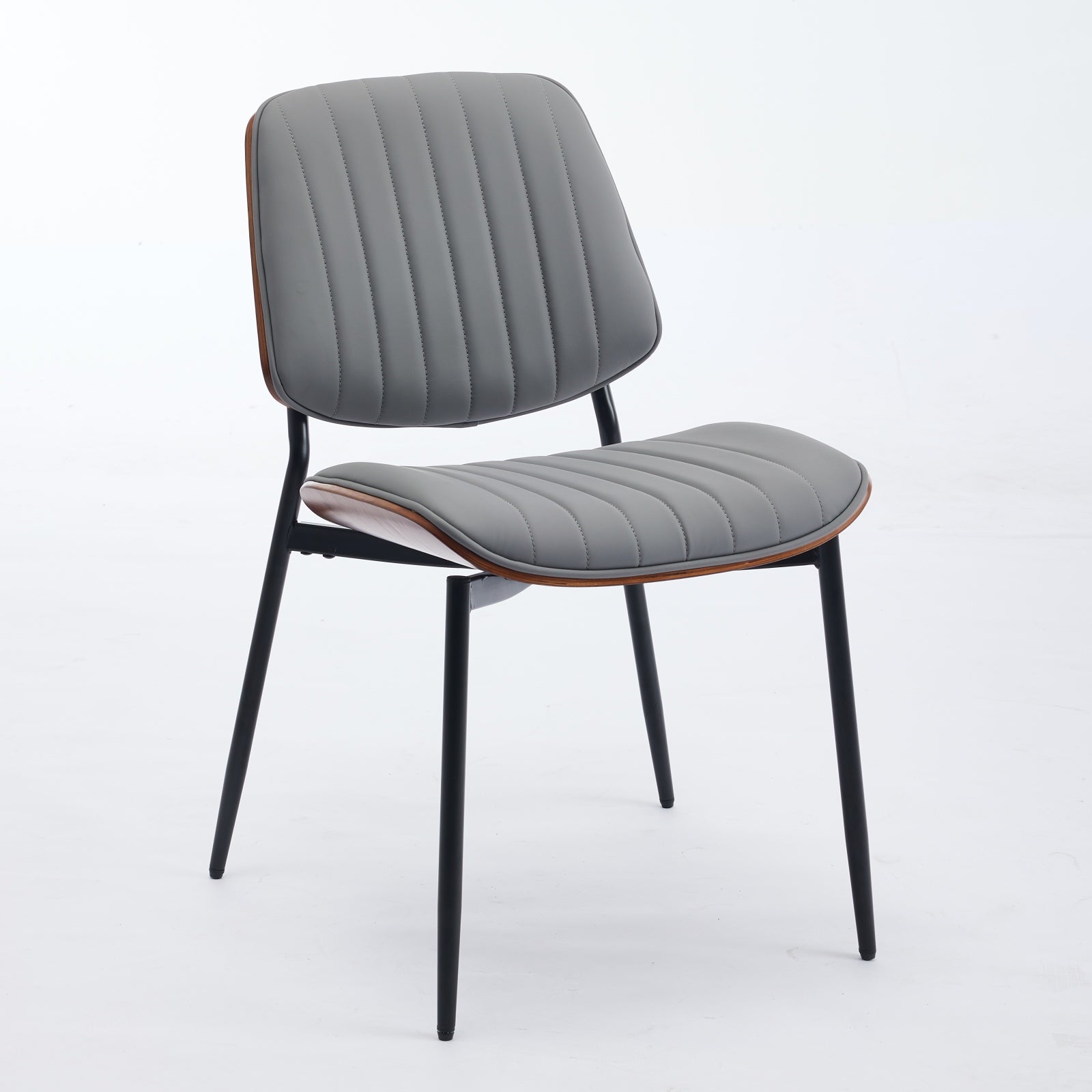 AA Furniture, Dining Chairs Set Of 2 Mid Century Modern Retro Faux Leather Chair With Walnut Bentwood Back Upholstered Seat Metal Legs Adjustable Foot For Kitchen Dining Room ChairsGray PU