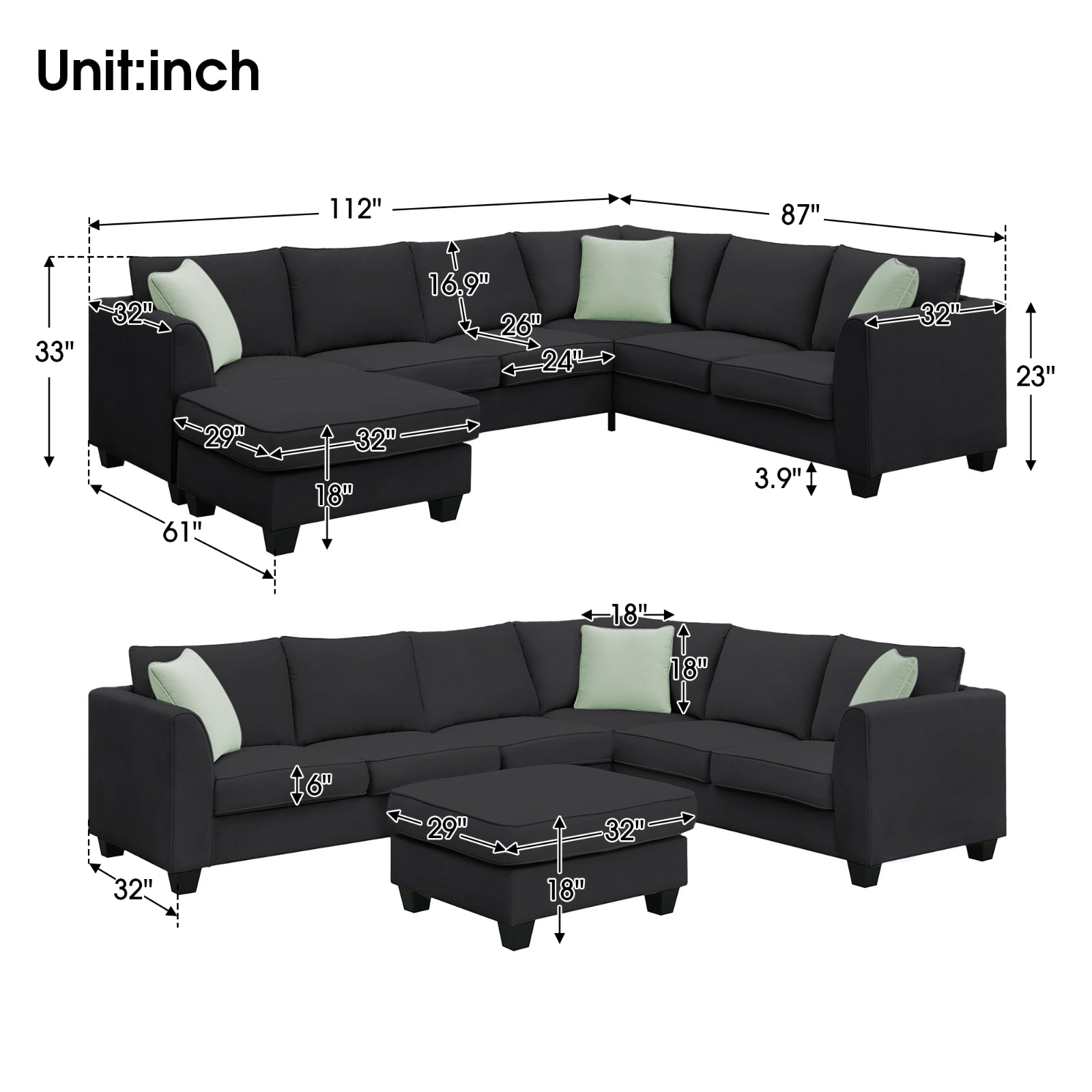 112 87 Sectional Sofa Couches, 7 Seats Modular Living Room Sets