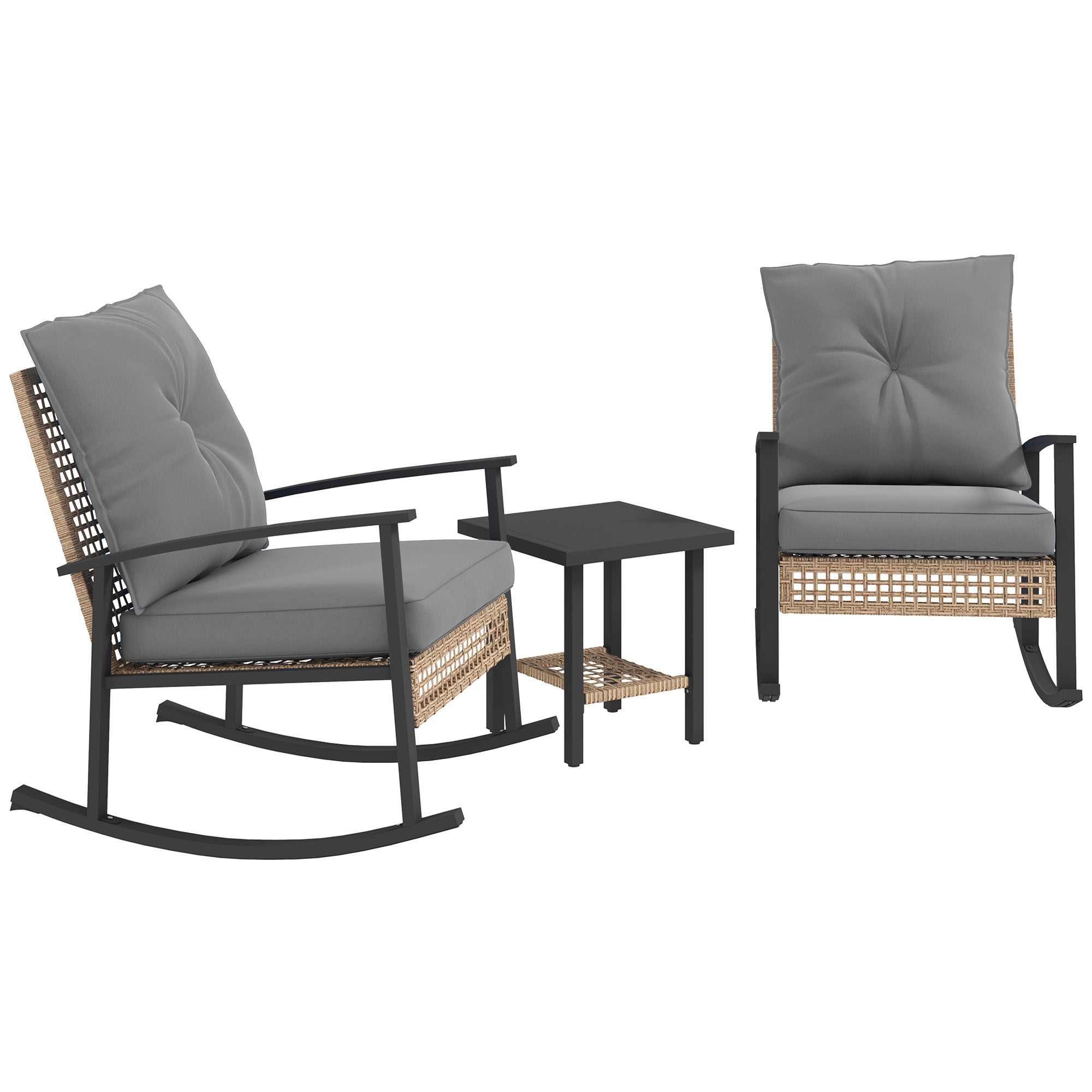 3 Pieces Bistro Set, Patio Wicker Furniture Set With Button Tufted Cushions, Rattan Rocking Chairs, Coffee Table, Gray