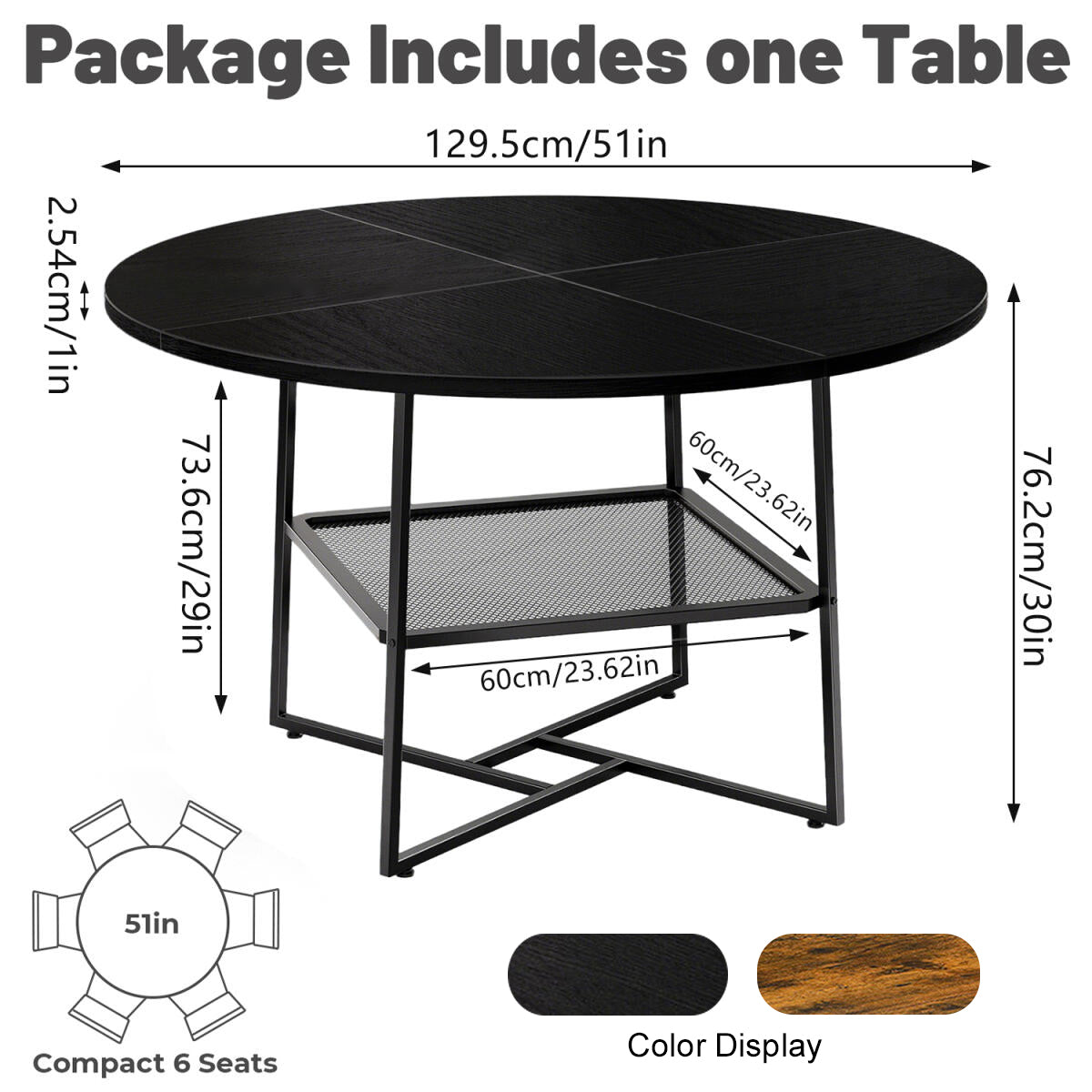 51'' Round Dining Table For 4-6  Tiger Stripes Black Wooden Dining Room Table With Storage Shelf Space Saving Circle Dinner Table With Metal Legs For Kitchen Living Room Dining Restaurant Furniture