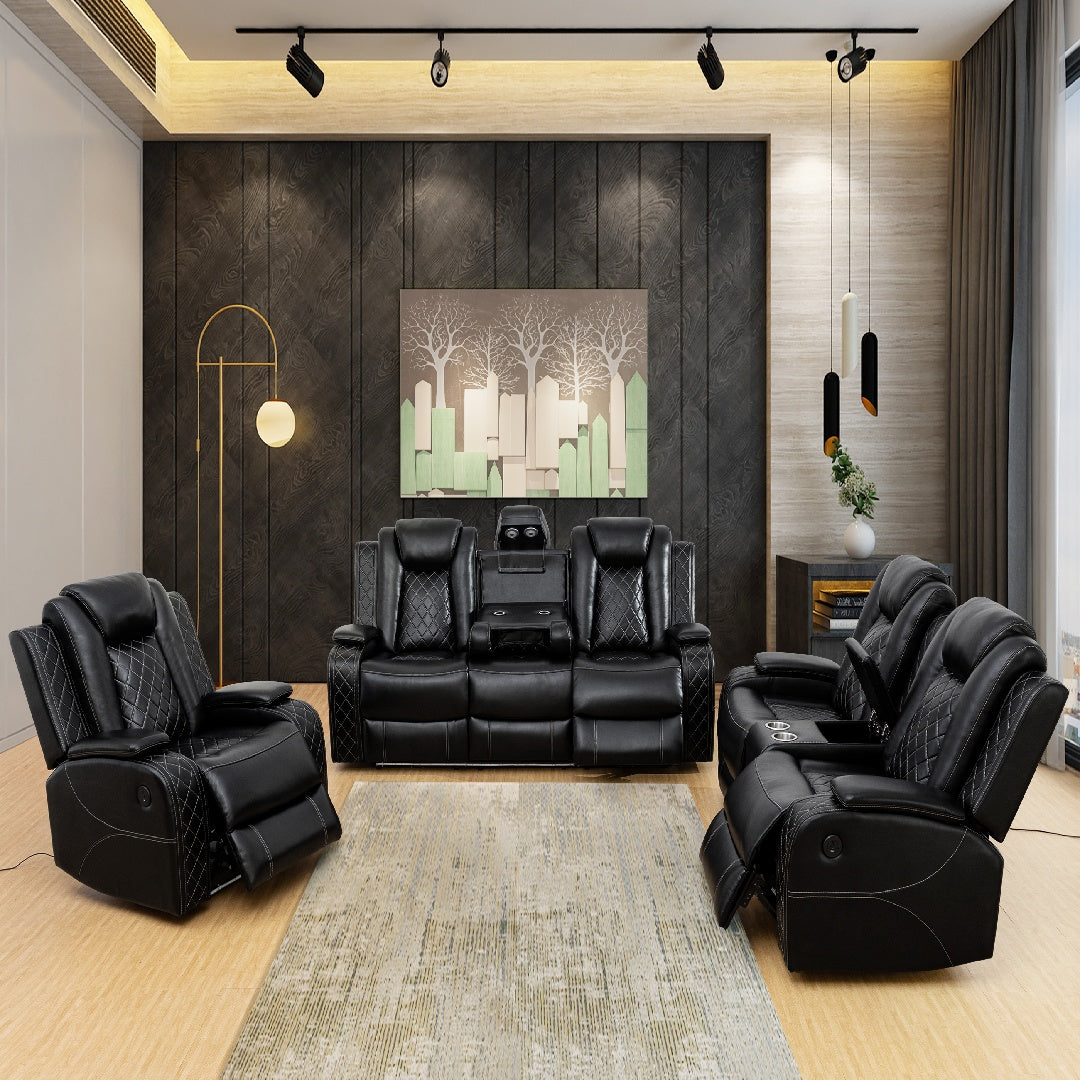 Black Breathing Leather 3-Piece Living Room Recliner Sofa Set--Self-delivery Only
